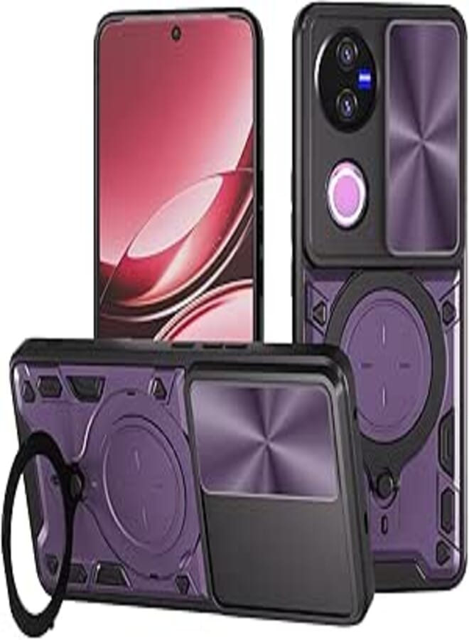 FASCINATION phone case compatible with Vivo V50 5G with texture sliding camshield Hard Shockproof Heavy Duty CD ring Case for Vivo V50 5G (Purple)